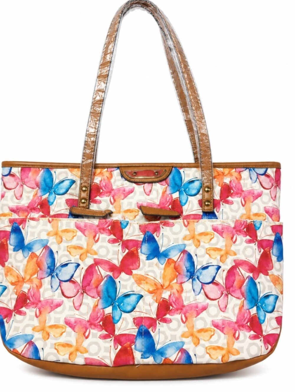 Women's Multicolor Butterfly Print Tote with Tan Trim 2 Front Zippered Pockets